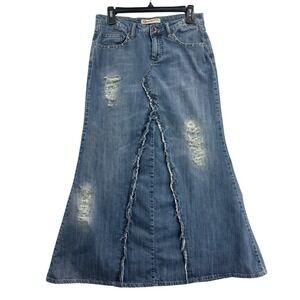 Karma Denim Maxi Skirt Blue Distressed Ripped Mermaid Cut Size 9